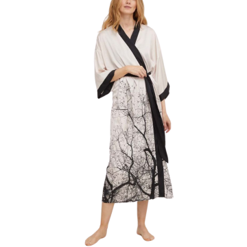 VANNA Μακριά φαρδιά μακρυμάνικη ρόμπα με ζώνη & μοτίβο γιαπωνέζικου δέντρου με παχιές λωρίδες στο τελείωμα