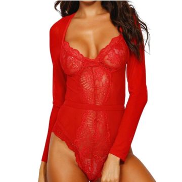 DAISY Μακρυμάνικο διάφανο κορμάκι με λεπτομέρεια δαντέλας και καρδιά λαιμόκοψη