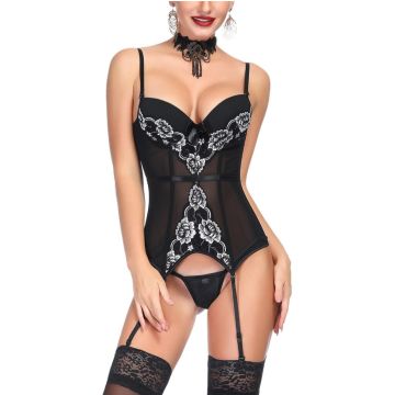 TAMARA Κορσές, ζαρτιέρα με φλοράλ μοτίβο από παιώνιες, ενίσχυση & ασορτί στρίνγκ