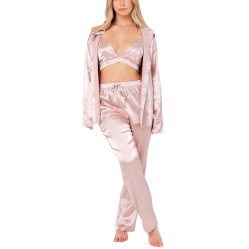 INDIE Σετ πιτζάμες 3 τμχ σατέν υφής με φαρδύ πουκάμισο, τριγωνάκι μπραλέτ & παντελόνα