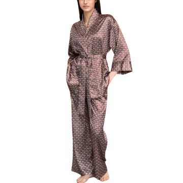 VERA Σετ πιτζάμες με αέρινο κιμονό με ζώνη και παντελόνα με σχέδιο αλυσίδας