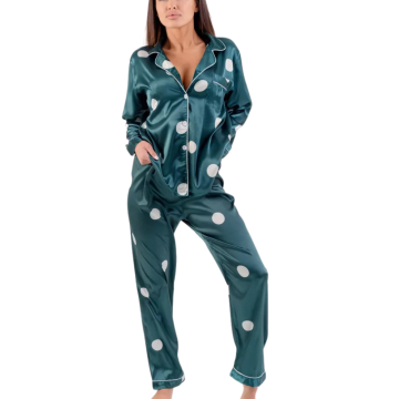 ALEXIA Σατέν υφής πουά σετ πιτζάμες με μακρυμάνικη πουκαμίσα, παντελόνα, μάσκα ύπνου και πουγκί