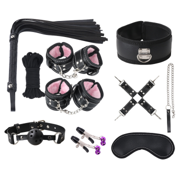 DODI Σετ Ερωτικών Αξεσουάρ Φετίχ Δεσιμάτων 13 τεμαχίων από μαύρο οικολογικό δερματίνη με γούνινη επένδυση