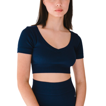 AMOUNA Αθλητικό κροπ τοπ με κοντό μανίκι, ριμπ πλέξη και στρογγυλή λαιμόκοψη