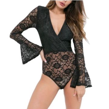 KARLA Μακρυμάνικο δαντελένιο κορμάκι με V λαιμόκοψη