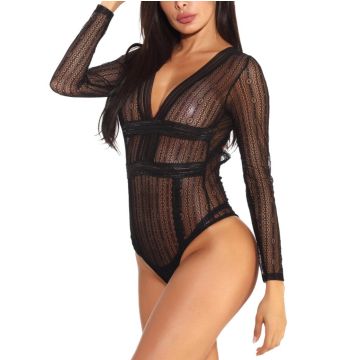 JAMILE Μακρυμάνικο διάφανο κορμάκι με βαθύ ντεκολτέ και ριγέ κεντητό σχέδιο