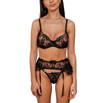 FANI Διάφανο σετ εσωρούχων 3 τμχ με ζαρτιέρες, μπανέλα, δαντέλα και βολάν