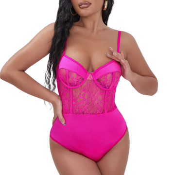 CYNTHIA Ολόσωμο ροζ κορμάκι με ημιεπένδυση στο σουτιέν και δαντελένια διαφάνεια στην κοιλιά