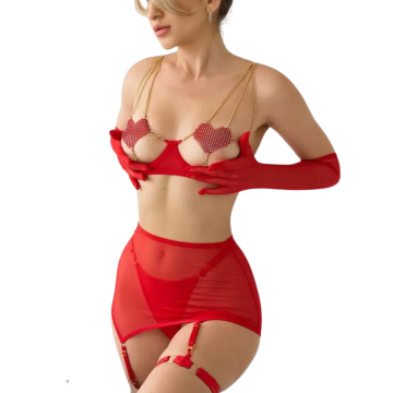 RΙΝΑ Σετ εσωρούχων με σχέδιο καρδιάς, αλυσίδες, διάφανο ύφσμα και ζαρτιέρες