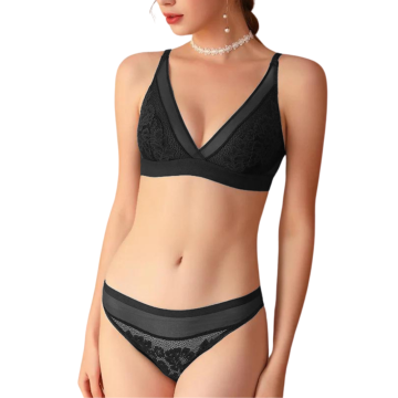 VALERIA Ημιδιάφανο σετ εσωρούχων με φλοράλ μπραλέτ με θήκη τριγωνάκι χωρίς μπανέλα & ασορτί βρακάκι