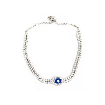 Χειροποίητο Γυναικείο Κόσμημα Βραχιόλι από Ασήμι 925 και Ζιργκόν με ματάκι διαμέτρου 12 cm