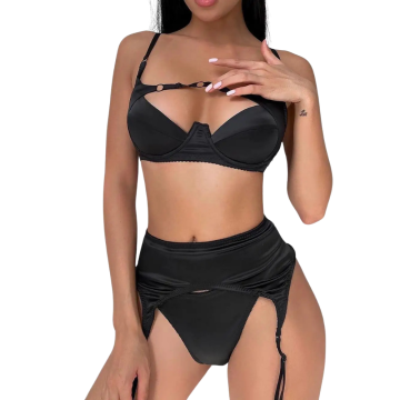NEFELI Μαύρο σετ εσωρούχων με μπανέλα, ψηλόμεσο εσώρουχο και ζαρτιέρα