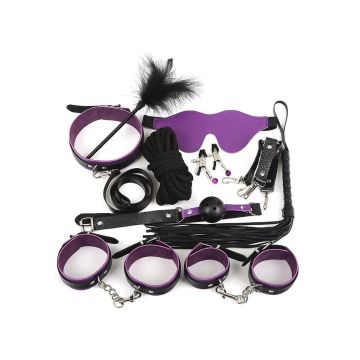 Σετ Ερωτικά Αξεσουάρ Φετίχ Δεσίματος 11 τεμαχίων από δερματίνη σε μαύρο μωβ χρώμα