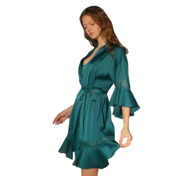 CLARIE Σατέν ρόμπα με ζώνη και δαντέλα