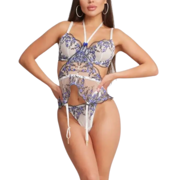 ANTHEA Κεντητό σετ εσωρούχων με μπανέλα, μπλε λουλούδια και διαφάνεια