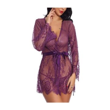 ALEJANDRA Δαντελένιο σετ με see through ρόμπα με σατέν κορδέλα στη μέση και ασορτί εσώρουχο