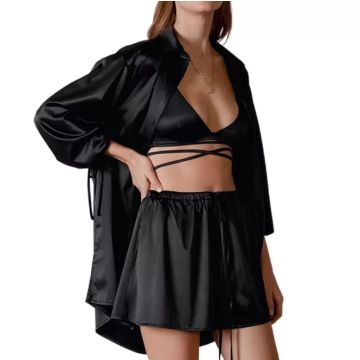 KENNA Σατέν σετ πιτζάμες με τριγωνάκι μπράλετ με κορδόνια στη μέση, αέρινο σορτσάκι & υπερμεγέθη μακρυμάνικη πουκαμίσα