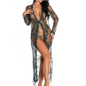 JAMIL Μακριά διάφανη δαντελένια ρόμπα που δένει με φιόγκο στη μέση