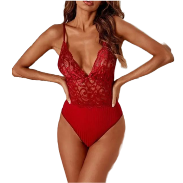 TALIA Δαντελένιο κορμάκι με βαθύ ντεκολτέ, τριγωνικό μπούστο και φιογκάκι