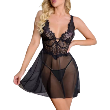 KATIANA Διάφανο Σετ Babydoll με στρινγκ με δαντέλα στο μπούστο
