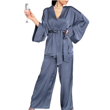 JANELLE Σατέν σετ μακρυμάνικες πιτζάμες με παντελόνα και πουκαμίσα που δένει στη μέση