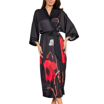 PATTY Μακριά φαρδιά κρουαζέ ρόμπα σκουρόχρωμη με 3/4 μανίκι με μεγάλο τύπωμα από κόκκινο λουλούδι και ζώνη