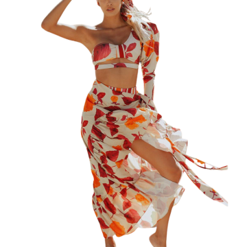 IMANI μπικίνι με ένα φουσκωτό μανίκι, ψηλόμεσο κάτω μέρος και παρεό