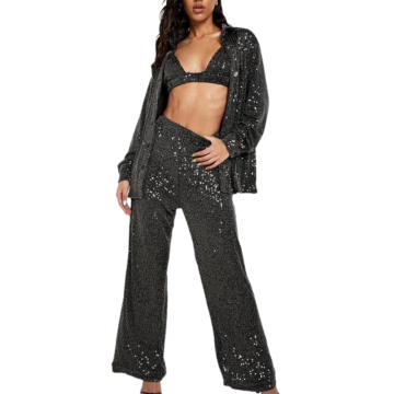 CAMILA Αστραφτερό σετ πιτζάμας με παγιέτες, 3 τμχ μπραλέτ,oversized πουκαμίσα και ψηλόμεση παντελόνα