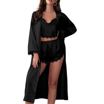 ELOISE Σετ πιτζάμας 3 τμχ με ντραπέ τοπ με λεπτομέρειες δαντέλας, σορτσάκι και ασορτί ρόμπα