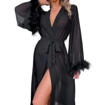 RENA Μακρυμάνικη ρόμπα απο διαφάνεια με καμπάνα μανίκι με πούπουλα και ζώνη