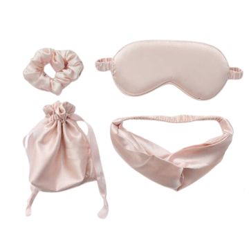 SLEEPY Σετ αξεσουάρ ύπνου 4 τμχ μεταξένιας υφής με μάσκα ύπνου, πουγκάκι, κορδέλα και λαστιχάκι μαλλιών