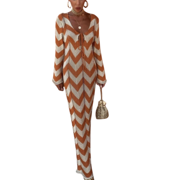 ZIGGY SUNSET Μακρύ πλεκτό φόρεμα παραλίας με μακριά μανίκια και ζιγκ-ζαγκ σχέδιο
